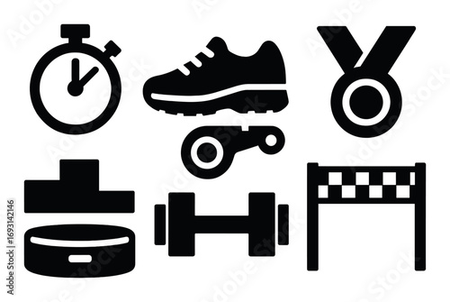 Sports silhouette icon set. featuring stopwatch, shoe, medal, podium, dumbbell, bike gear, hurdle symbols.