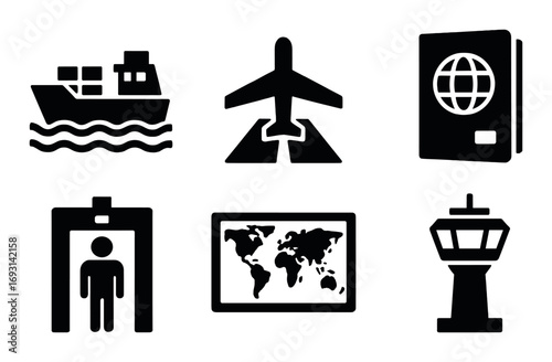 Travel and transport silhouette icon set. featuring ship, airplane, passport, security check, map, control tower.