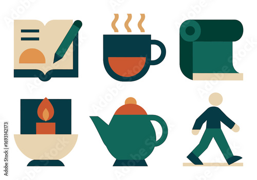 Relaxation flat icon set. featuring book, tea, yoga mat, candle, teapot, and walking symbols..