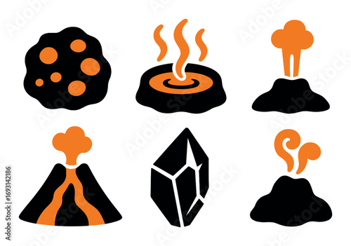 Geology silhouette icon set. featuring crater, geyser, volcano, lava flow, and crystal icons.