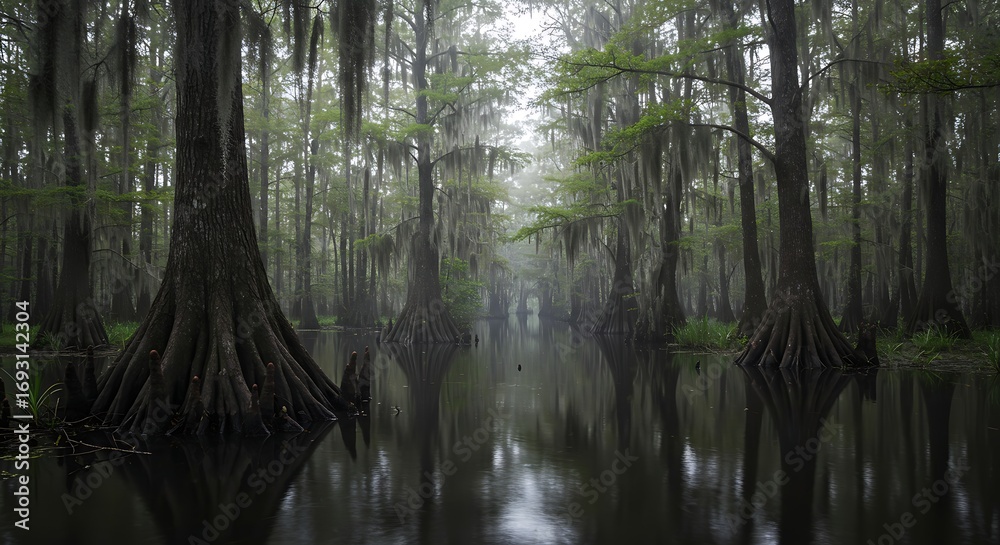 Obraz premium Misty Cypress Swamp with Spanish Moss.
