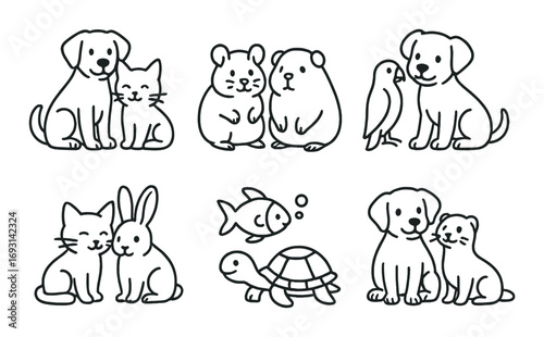 Animal companions linear icon set. featuring cat, dog, hamster, bird, rabbit, fish, turtle, otter icons.