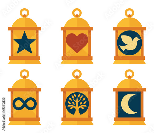 Spiritual symbols flat icon set. featuring star, heart, dove, infinity, tree, and moon motifs.