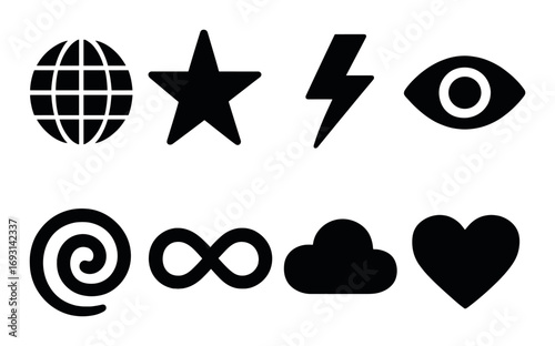 General silhouette icons set. featuring globe, star, lightning, eye, spiral, infinity, cloud, heart symbols.