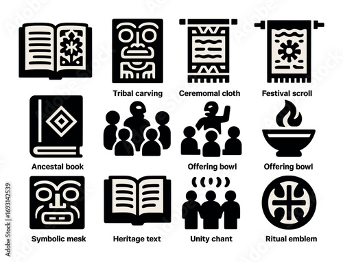 Silhouette cultural icon set. tribal carving, ceremonial cloth, ancestral book, offering bowl, unity chant.