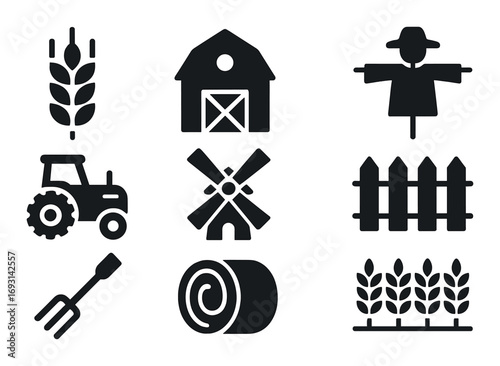 Agriculture silhouette icon set. featuring wheat, barn, scarecrow, tractor, windmill, fence, pitchfork, hay bale, crops.