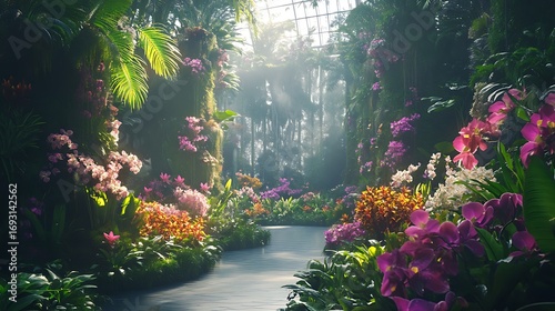 Beautiful floral paradise with modern glass greenhouse structure picture