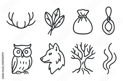 Nature and mysticism linear icon set. featuring antlers, leaves, pouch, pendant, owl, wolf, tree, smoke.
