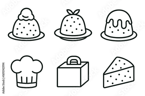 Desserts silhouette icon set. featuring cake, pudding, jelly, chef hat, box, and cheesecake symbols.