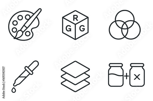 Design tools linear icon set. featuring paint palette, rgb cube, color blending, dropper, layers, rubber jar.