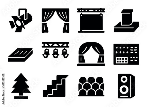 Theater silhouette icon set. featuring spotlight, curtain, stage, auditorium, speaker, tree, and stair symbols.