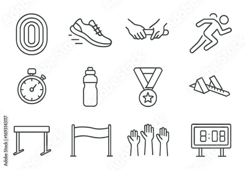 Athletics linear icon set. featuring track, sneakers, stretching, running, stopwatch, bottle, medal, shotput, hurdle, high jump, cheering, scoreboard.