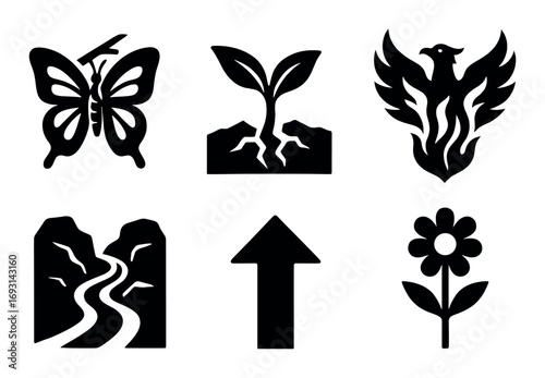 Nature and growth silhouette icon set. featuring butterfly, sprout, phoenix, river, arrow, and flower.