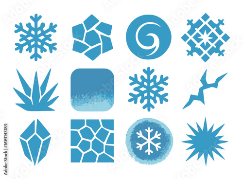 Winter symbols silhouette icon set. featuring snowflakes, ice, snow, frost, and crystal designs.