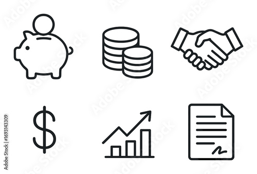 Finance theme silhouette icon set. featuring piggy bank, coins, handshake, dollar sign, growth chart, and contract.