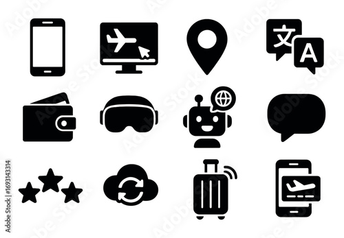 Travel silhouette icon set. featuring phone, flight, location, language, wallet, vr, chatbot, chat, stars, cloud, luggage..