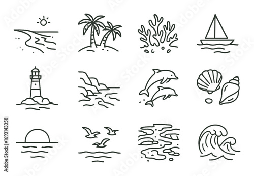 Beach and sea linear icon set. featuring sun, palm trees, coral, sailboat, lighthouse, dolphins, and shells.