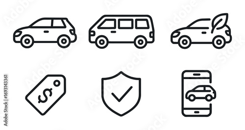 Car shopping silhouette icons set. featuring sedan, suv, electric car, price tag, insurance, mobile app.