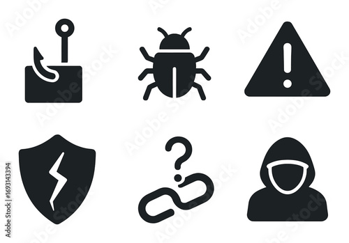 Cybersecurity silhouette icon set. featuring malware, phishing, threat, shield, vulnerability, hacker symbols.