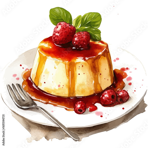 Panna Cotta, watercolor clipart vector, isolated on a white background.