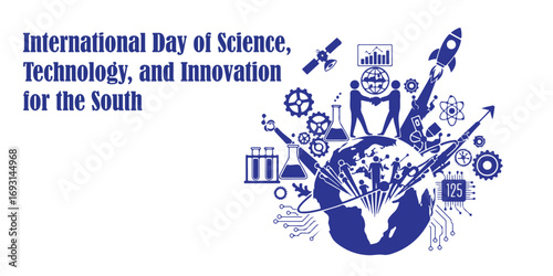 A vibrant graphic celebrating International Day of Science Technology and Innovation for the South with various scientific symbols and rockets.