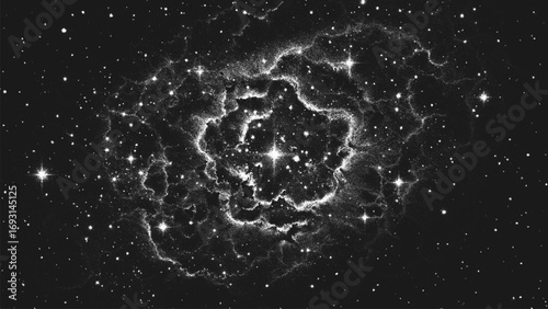 Deep space scene background in stippling style with amazing huge nebula and glowing stars cluster in universe. Retro styled dotwork. Pointillism. Noisy grainy shading using dots. Vector illustration