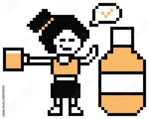 Cartoon pixel cute 8bit character woman drink beer alcohol party hangout lifestyle decoration life style 8 bit female girl lady drinking beer isolated png vector.