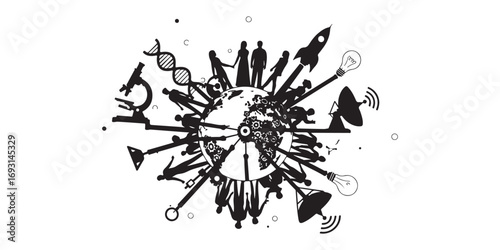 A radial illustration depicts diverse human activities and scientific advancements radiating from a central point, symbolizing interconnectedness and progress.