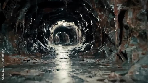 Eerie Tunnel Through Dark Rocky Cave with Dim Lights in the Background