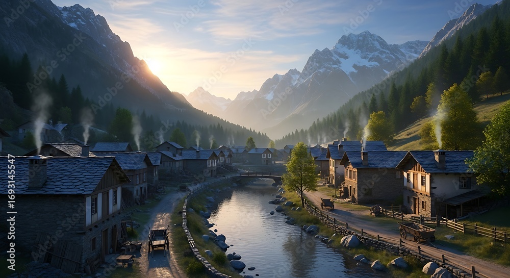 Fototapeta premium Picturesque Village Nestled in Mountain Valley.