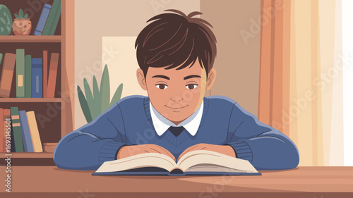 An East Asian boy calmly studying an open book at a wooden desk against a bookshelf background