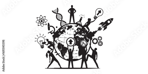 Silhouettes of people and symbols of science, technology, and discovery surround a globe, representing global innovation and human advancement.