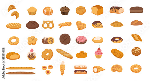 Confectionary. Sweet pastries collection croissants buns biscuits cakes and cheesecake recent vector confectionary set
