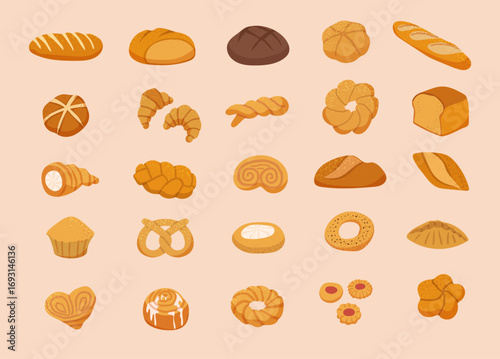 Bakery. Bun bread tasty baguette of different varieties recent vector bakery products in cartoon style