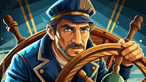 Close-up portrait of male sailor gripping ship wheel firmly. Isolated background reflects adventure, discipline, and timeless strength of seafaring life.