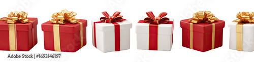 Four gift boxes, alternating red and white, with gold ribbon and bows
