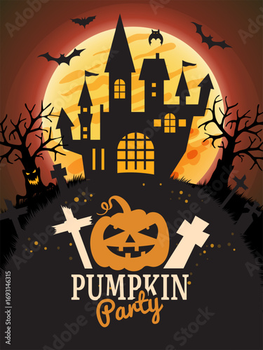 Halloween poster. party invitation placard to scary pumpkin party. vector illustration with old gothic castle silhouette