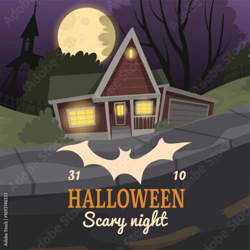 Halloween. scary party background with old style village house