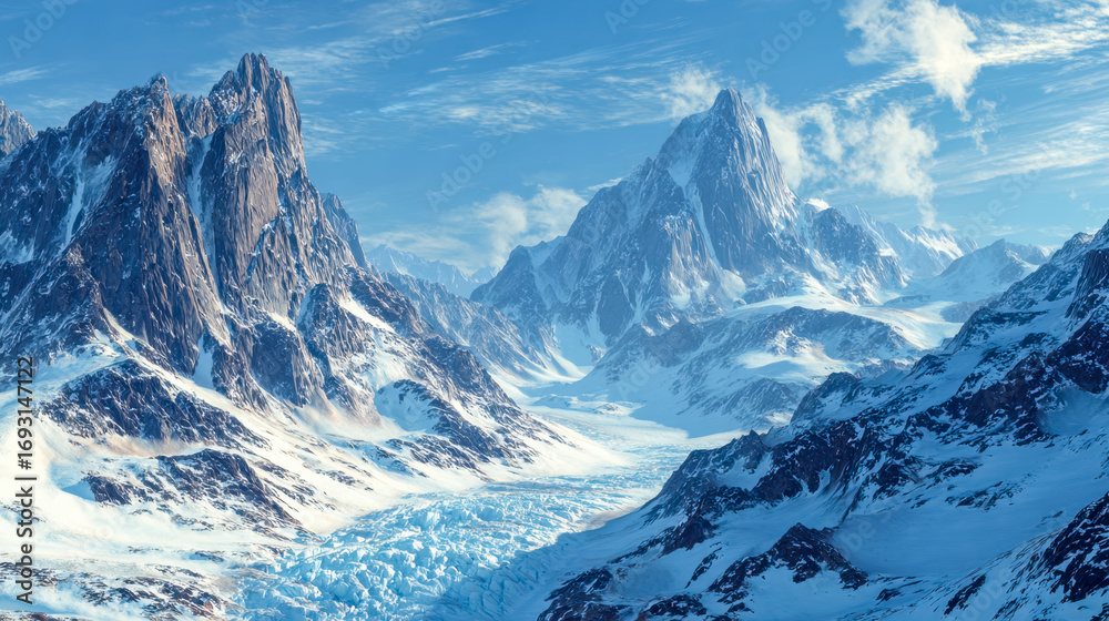 Obraz premium Majestic snow-covered mountain range and icy glacier under a bright blue sky
