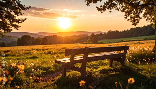 Fototapeta Naklejka Na Ścianę i Meble -  Peaceful sunset meadow bench