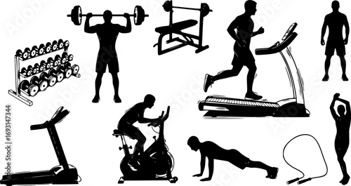 set of Silhouette of Gym with Fitness Equipment. Detailed Vector Illustration of Workout Interior and Exercise Background