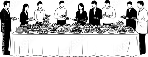 Set of Silhouette Buffet and People. Vector Illustrations of Dining Table, Food and Guests at Banquet or Party