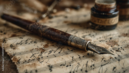 An Ornate Vintage Pen on Aged, Handwritten Sheet Music