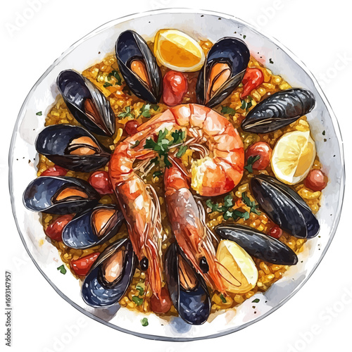 Paella, watercolor drawing vector, isolated on a white background.