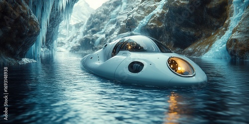 A futuristic submarine explores a glacial cave, offering a breathtaking underwater view.