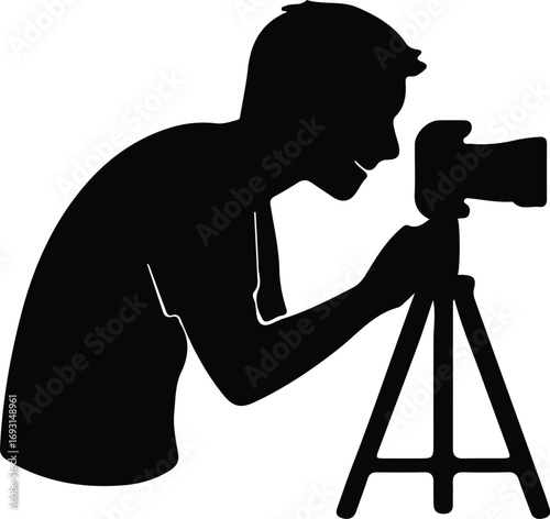 Illustrator Vector Photographer focusing camera on tripod equipment silhouette