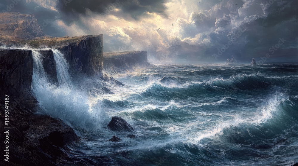 Fototapeta premium Ocean waves crashing on rocky coast under dramatic clouds, cliffs stretch into distance, sunlight peeking through sky. Generative by AI