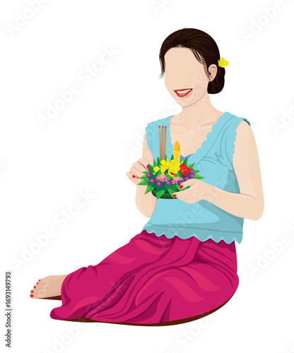 one woman with flower krathongs vector design