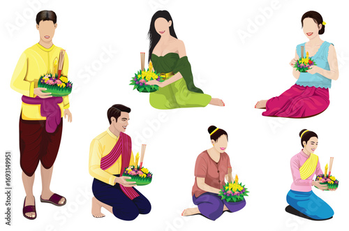 cartoon shape with flower krathongs vector design