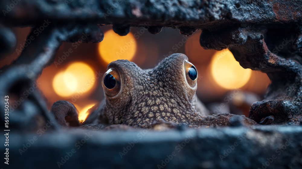 Obraz premium Curious octopus peering through a rusty metal opening with warm bokeh lights in the background